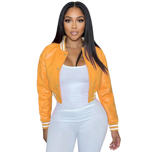 Veste universitaire en cuir PU orange pour femme, manches longues, col rabattu, simple boutonnage, coupe courte, pour l'automne - Product Image 1