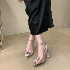 Chaussures à talons hauts pour femme, modèle 2023, en PVC, avec talon en cristal, bout fermé, strass, pour soirée et mariage, très tendance - Product Image 3