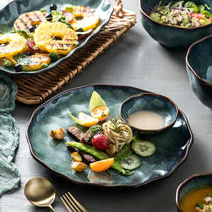 Creative Kiln Transformed Ceramic Tableware <b>Set</b> Unique Green Glaze Salad Bowl Dinner <b>Plate</b> <b>Sets</b> for Hotel Restaurant Dinnerware - Product Image 3