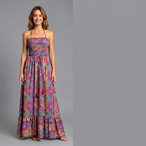 Vestido maxi halter estampado con espalda descubierta, bajo con volantes, sin mangas, casual de verano para mujer, estilo Y2K, cintura natural, tejido. - Product Image 1
