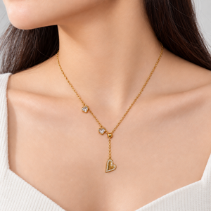 Collar Lariat con Corazón de Acero Inoxidable, Chapado al Vacío en Oro de 14K, con Cristales, Color Dorado o Plateado - Product Image 5
