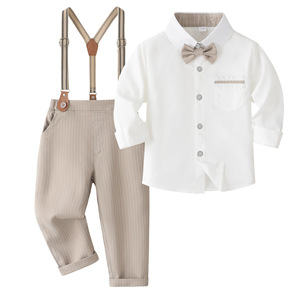 <span class=keywords><strong>Ensemble</strong></span> chemise confortable à manches longues et pantalon à bretelles rayé pour tout-petits garçons, idéal pour les fêtes, les mariages et le quotidien - Product Image 1