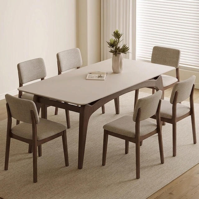 Nordic Style Sintered Stone Dining Table Set 6-8 Seater Rectangular Kitchen Table with Solid Wood Legs for Home Restaurant