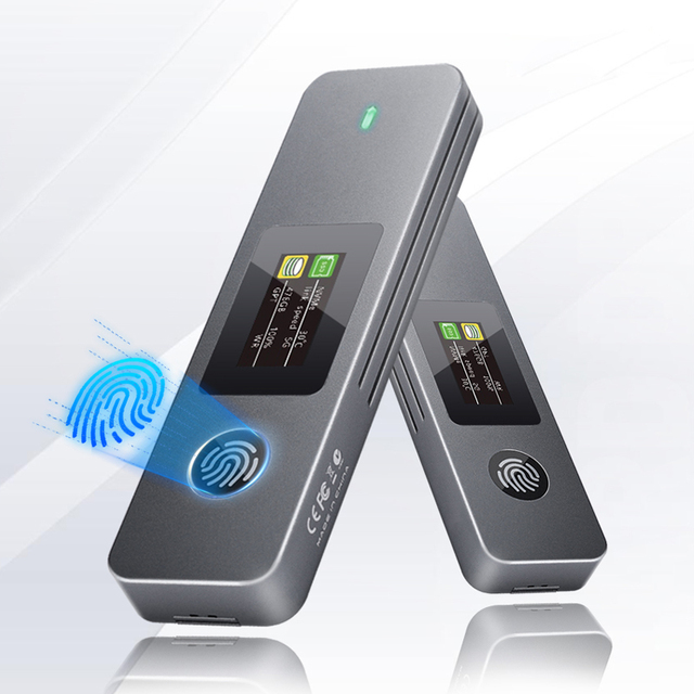 VCOM Fingerprint Encryption SSD Enclosure with Display Aluminum Shell USB C to M.2 NVME SATA 10Gbps Solid State Drive Case