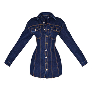Vestido Mini de Mezclilla Azul Oscuro para Mujer, de Manga Larga, Ajustado, con Dobladillo Deshilachado, de la Fábrica de Moda Wisrise - Product Image 5