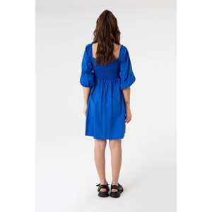 เดรสสั้นทรงเอ คอวี แขนพอง เอวสม็อค ผ้าทอระบายอากาศ สไตล์เรียบง่าย สีฟ้า สำหรับผู้หญิง ใส่สบายๆ ในชีวิตประจำวัน - Product Image 3