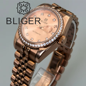 BLIGER NH05 Montre-bracelet <span class=keywords><strong>automatique</strong></span> de luxe en or rose pour <span class=keywords><strong>femme</strong></span> 31mm Cadran Sunburst Diamond Bezel Day Mark Bande en acier inoxydable Diver - Product Image 4