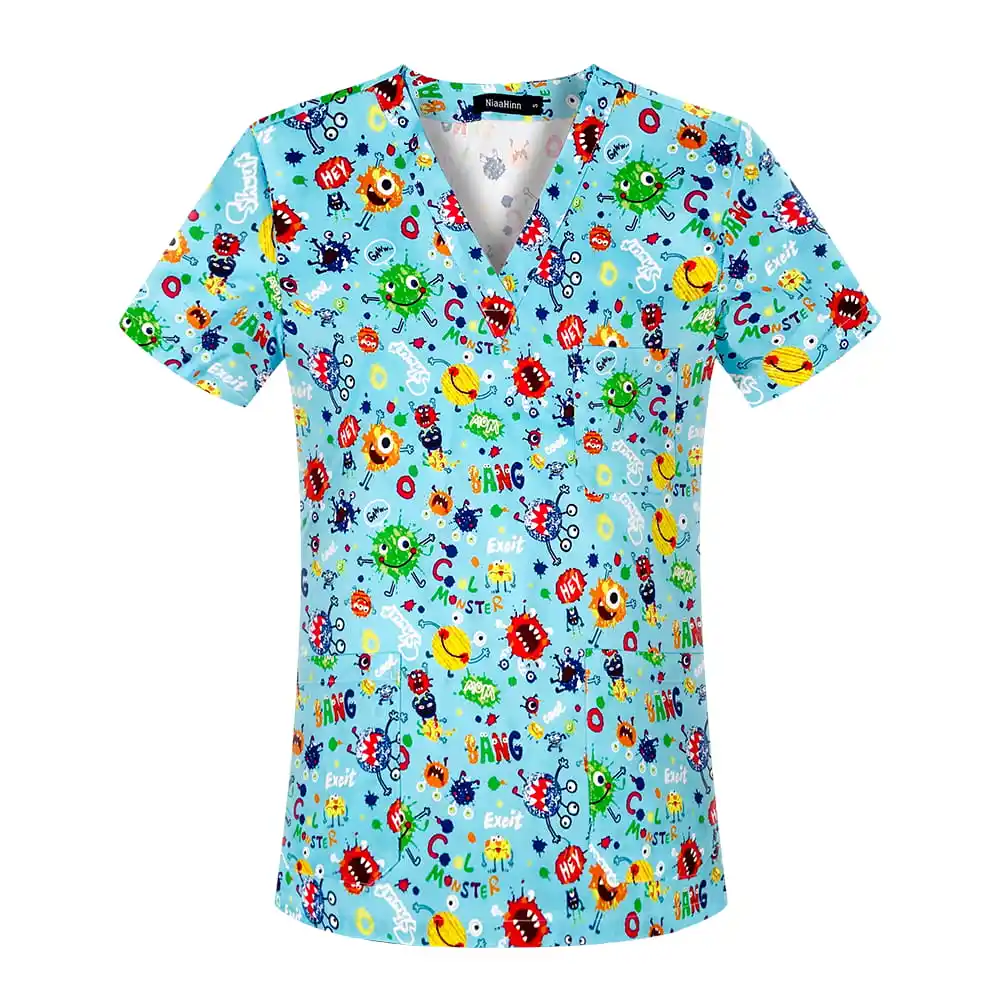 Bayan fırçalayın tıbbi üniforma Scrubs hemşirelik üstleri pantolon fabrika toptan yumuşak kumaş üniforma takım elbise Scrubs karikatür