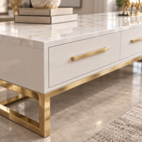 Ensemble meuble TV et table basse WYRAX Jewelry Store Lounge blanc avec dessus aspect marbre, console à trois tiroirs et bases ouvertes dorées