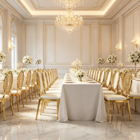 Chaises de salle à manger au design élégant européen, structure en métal doré électroplaqué, chaises empilables pour banquet avec coussin en cuir