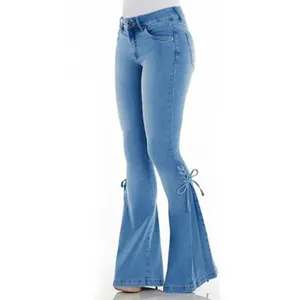 Moda versátil Slim fit azul lavado elástico alta cintura Bell Bottom Jeans para mujeres personalizado transpirable Denim Flare Pants