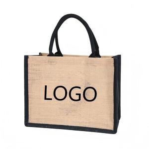 Sac en jute naturel noir avec logo personnalisé, sac de shopping en toile de jute, sac cadeau pour anniversaire, mariage, avec poignées solides - Product Image 1