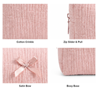 Sac de toilette de voyage mignon et pratique en tissu crêpe de coton double couche, léger, durable, avec fermeture éclair et nœud