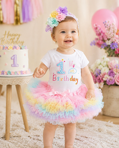 BAIGE Vestito da Principessa per Neonata, Primo Compleanno, Rosa con Fiocco e Stampa Colorata - Product Image 1
