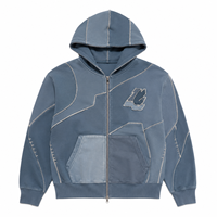 Sweat à capuche personnalisé pour homme avec fermeture éclair bidirectionnelle, surpiqûres contrastées, patchwork, effet délavé, fabrication OEM