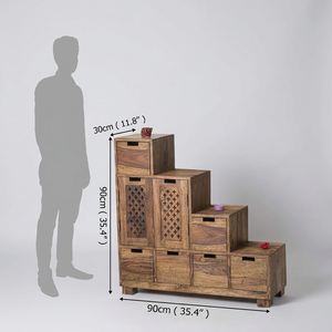 Armoire de rangement pour escalier en bois massif |   Commode à plusieurs tiroirs en bois de Sheesham artisanal avec portes sculptées en treillis |   Autonome et moderne - Product Image 3