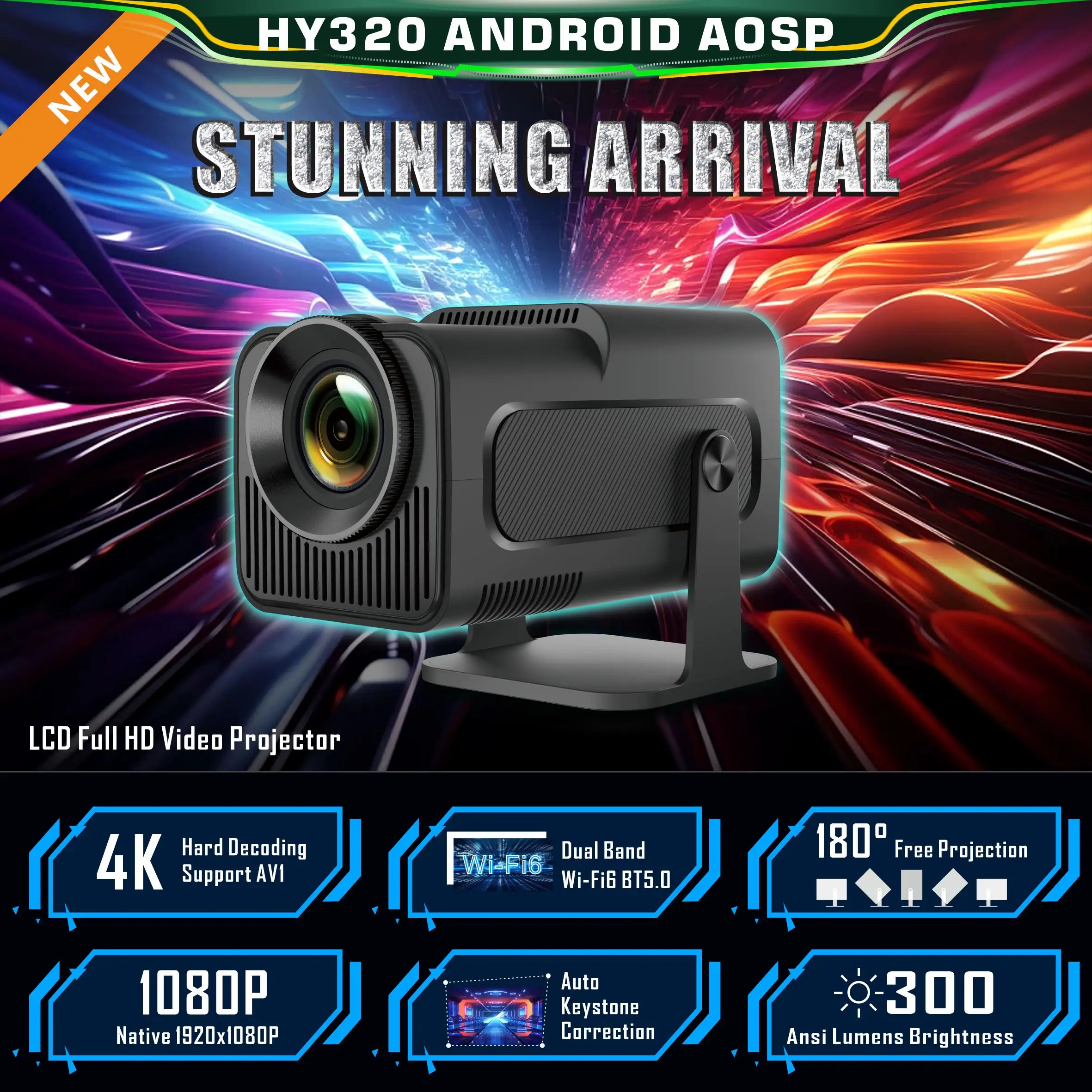 2024 Vendas quentes Wupro/ODM HY320 Projetor 1080p Full HD Smart Android portátil Home Theater 300ANSI lúmenes Mini Projetor 4K