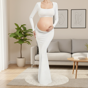 <span class=keywords><strong>Robe</strong></span> de maternité fendue pour femme, manches longues, froncée, en tissu tissé, col carré, dos évidé, coupe sirène élégante - Product Image 1