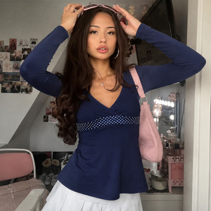 Polka Dot <b>Patchwork</b> Tie Waist Knit <b>Top</b>, A Line Long Sleeve Women's T Shirt, Printed Casual <b>Top</b>, Y2K Retro Fashion Style - Product Image 2