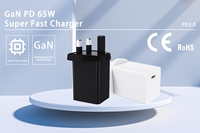 Cargador GaN de 65W con Enchufe para Reino Unido, Adaptador de Carga Rápida Tipo-C con Protección OTP/OVP, Compatible con PD3.0 y Salida de 20V para Auriculares