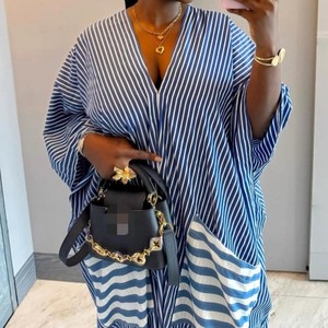 Nuevos Vestidos Casuales Sencillos a Rayas con Cuello en V Profundo y Bolsillos Grandes para Mujer Africana de Talla Grande - Product Image 6