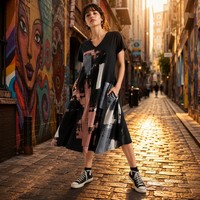 Robe midi femme en coton lavé 180 GSM, coupe évasée trapèze, manches courtes, imprimé abstrait, personnalisable avec logo OEM, vente en gros