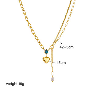 European American Style Heart Pendant Necklace Stainless Steel Gold Tone Pearl Blue Stone Chain Gift Jewelry N2260 - Product Image 4