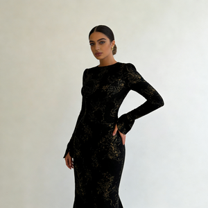 Abiti da Donna Neri con Motivo Dorato, Collo Tondo, Maniche Lunghe, Polsini Arricciati, Aderenti in Velluto, Eleganti e Formali, Vestiti Lunghi da Donna - Product Image 4