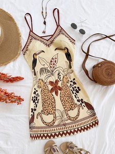 Abito Estivo da Spiaggia da Donna con Scollo a V, Mini Gonna Casual Stile Sling, Look Sexy per Vacanze, Taglia Unica, Stampa al Ginocchio, Senza Maniche - Product Image 5