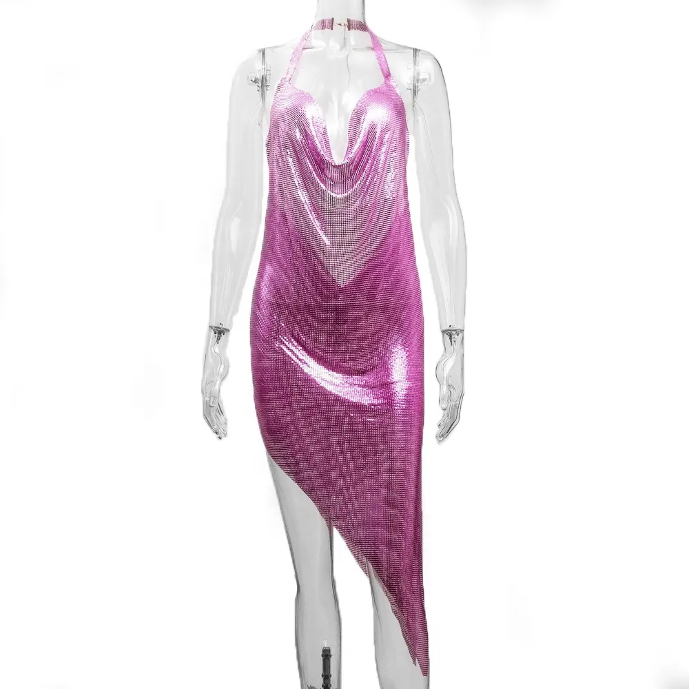 Hot Pink Elegant Metallic Bodycon Backless Evening Sexy Metal Mesh Cocktails Dress for women