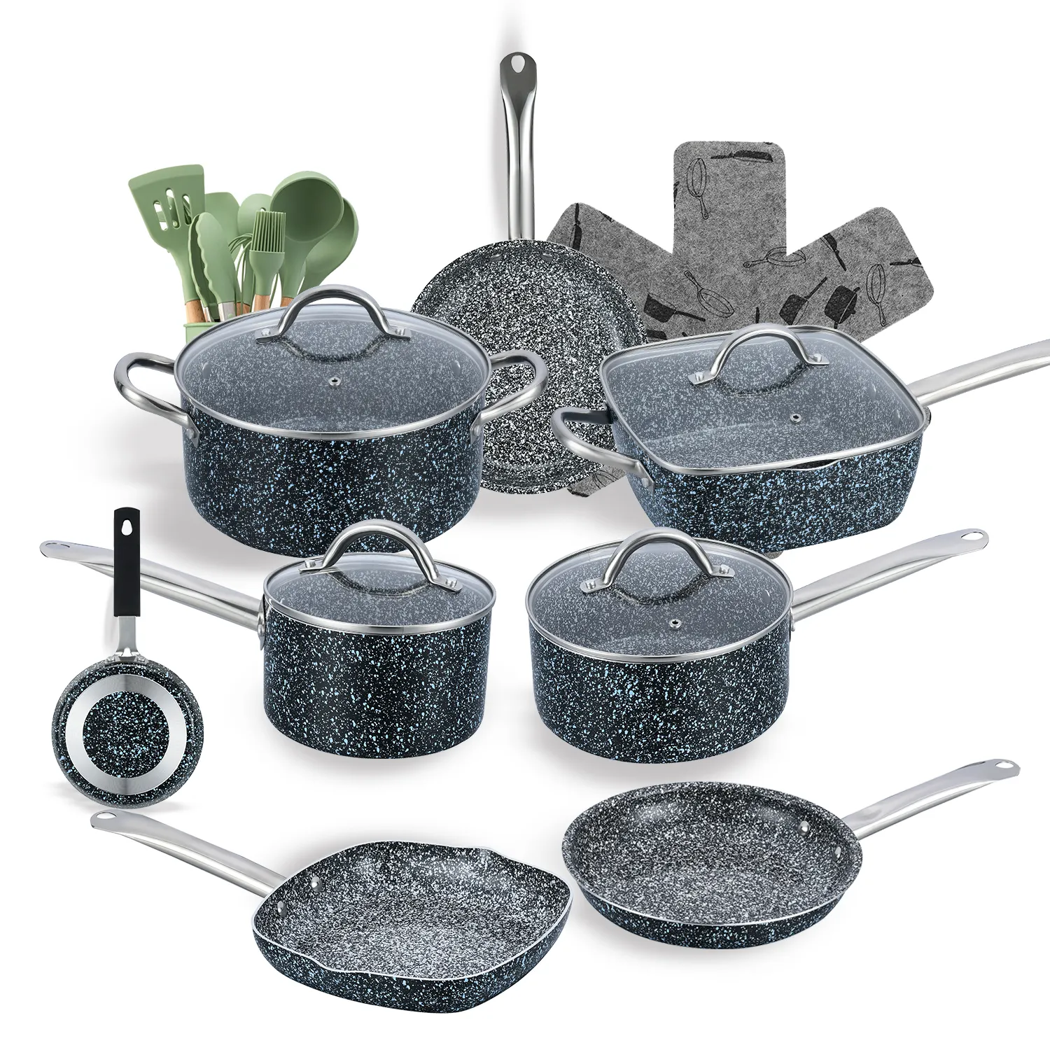 Set peralatan masak keramik antilengket, panci masak aluminium dan wajan, Set peralatan masak granit