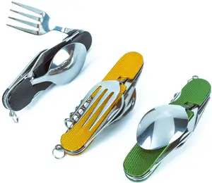 6-in-1 Camping Utensil Stainless Steel Fork Knife Spoon Bottle Opener Travel Cutlery Hobo Set with Storage Case