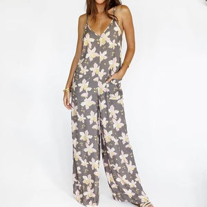 Mono holgado con estampado hawaiano de verano, cuello en V, tela suave de alta calidad 100% rayón, mono largo. - Product Image 5