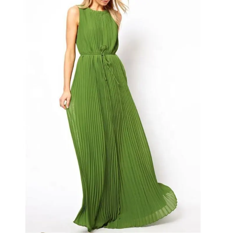 Vloeiende Lange Stijl Groene Kleur Zomer Geplooide Maxi Jurk