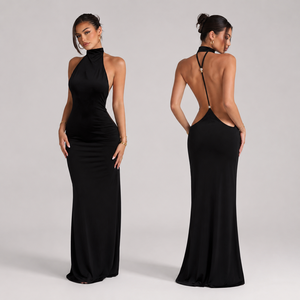 Women's Black Halter Backless Floor-Length Trumpet/Mermaid Silhouette Natural Metal Buckle Detail Club Party Evening Elegant - Product Image 1