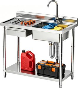 304 Stainless Steel 39in <b>4</b> Height Adjustable Utility Sink with <b>Storage</b> <b>Drawer</b> Heavy Duty Washing Basin for Backyard - Product Image 1