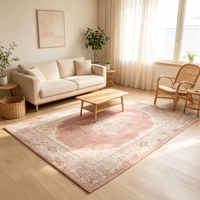 Tapis de sol vintage en polyester lavable, motif médaillon persan rose poudré, effet vieilli, pour la décoration intérieure