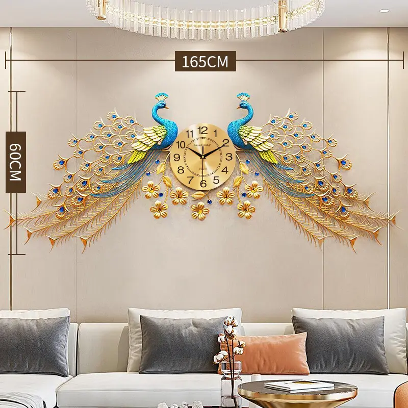 Oversized 3D Gold Home Decor Silent Quartz Metal Double peacock wall clock