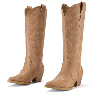 Bottes de cowboy mi-mollet pour femme, style western, à bout pointu, talon épais, à enfiler, brodées, marron, en cuir premium, faible MOQ, OEM - Product Image 1