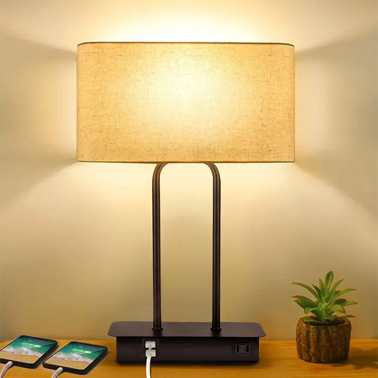 Dual USB charging touch dimming quadrilateral linen lampshade modern style bedroom bedside table lamp