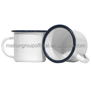 Tasses à café minimalistes en fonte émaillée pour feu de camp, certifiées LFGB, écologiques, blanches, pour espresso, sublimation, 3 oz, bord noir/bleu - Product Image 5