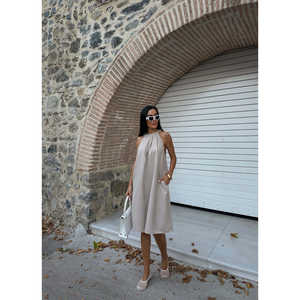 เดรสผ้าทอคอเชือกผูกเอวทรงเอไลน์ ระบายอากาศได้ดี สวมใส่สบายทุกวัน สีดำ - Product Image 5