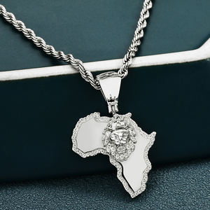 Iced Out 18K liontin Hiphop pria, berlapis emas kuningan Bling singa <span class=keywords><strong>King</strong></span> Mahkota peta Afrika perhiasan AAAAA zirkon - Product Image 3