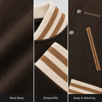 Veste universitaire en laine Melton personnalisée pour homme, marron foncé, rayures crème, col côtelé, boutons-pression, style Letterman, manteau de baseball universitaire, OEM