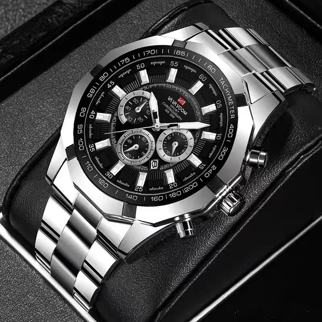 VA VA VOOM 2382 Men's Three Eyes Watch Luxury Trendy Night Light Calendar Business Male Fashion Quartz Clock Waterproof Watches