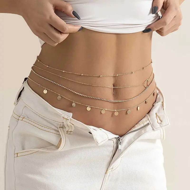 Cadena de vientre Vintage multicapa para mujer, cinturón de cadena de cintura con cuentas finas, Y2K, joyería para el cuerpo