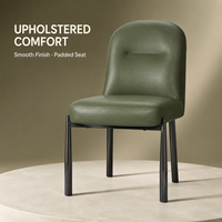Chaise de salle à manger commerciale vert olive, dossier bombé, détails cousus, similicuir, pieds en métal noir