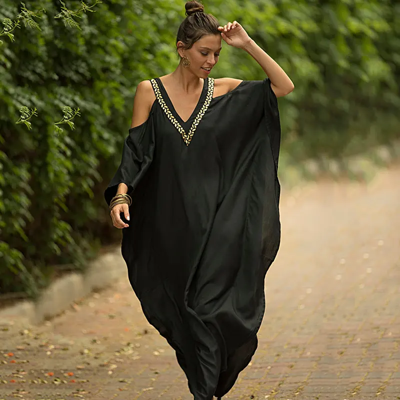 TW951855 — robe de plage noire nouveau Design, en col V, dorée, épaules dénudées, vêtements de fête, Cover Up