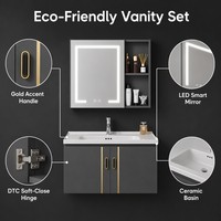Meuble de salle de bain moderne et écologique avec miroir LED, robinet à arrêt progressif mural et vasque de rangement.