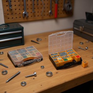 Caja organizadora de herramientas con tapa, 30x26x5.5 cm, 16 bandejas, negra y naranja, para piezas pequeñas y ferretería - Product Image 3